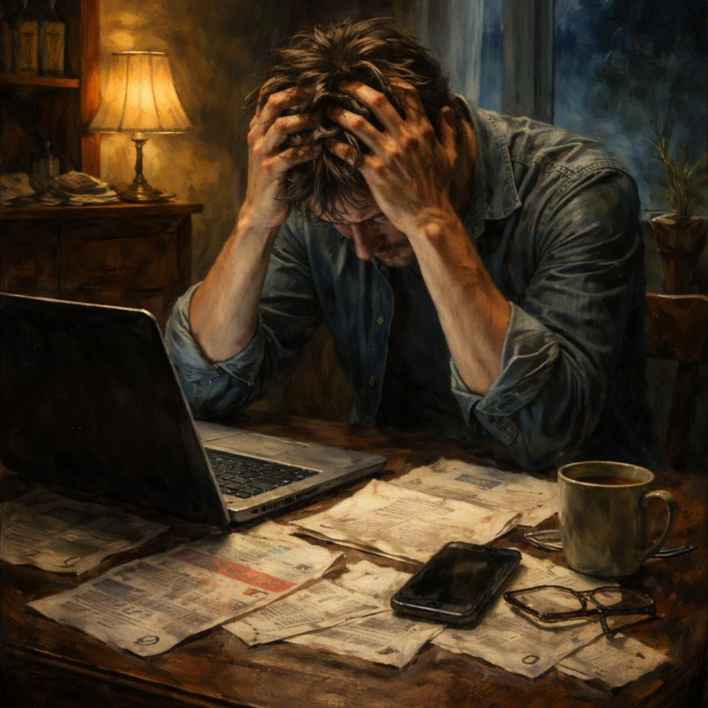 A dramatic oil painting of a man slumped over a table with his head in his hands beside a laptop, surrounded by scattered bills and a coffee mug, conveying hopelessness and unemployment.
