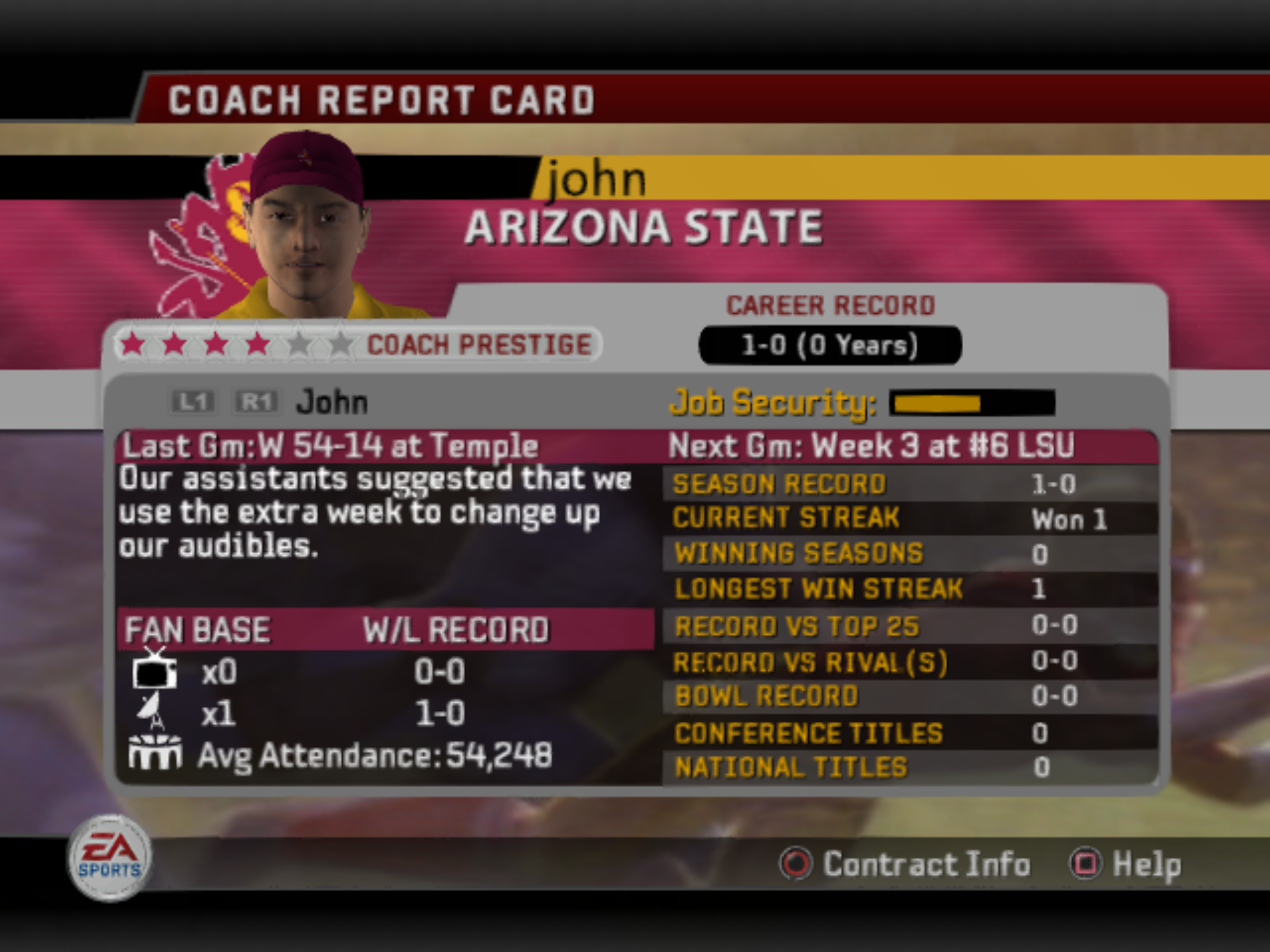 NCAA Football 06 coach report card screen showing created coach John at Arizona State, with a 1–0 career record, a 54–14 win over Temple in the last game, partially filled job security, and season stats including a one-game winning streak.