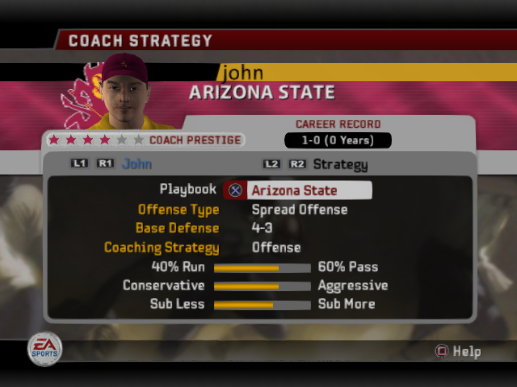 NCAA Football 06 coach strategy screen for Arizona State showing a spread offense playbook, 4–3 base defense, and coaching sliders set to 40% run / 60% pass, moderately aggressive, and moderate substitutions.