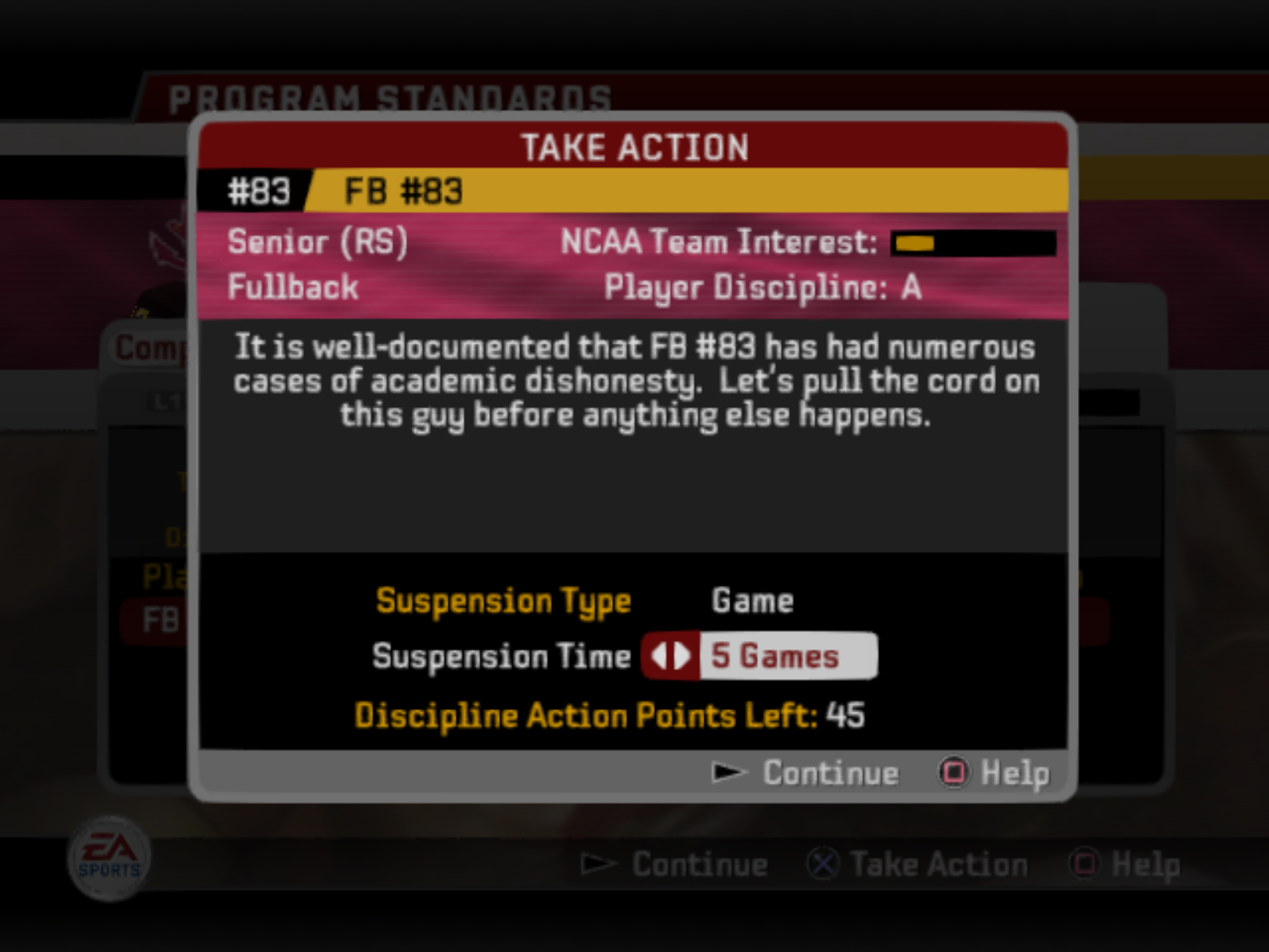 NCAA Football 06 “Take Action” discipline screen for Arizona State fullback #83 showing a senior player flagged for academic dishonesty, with a decision set to a 5-game suspension and 45 discipline points remaining.