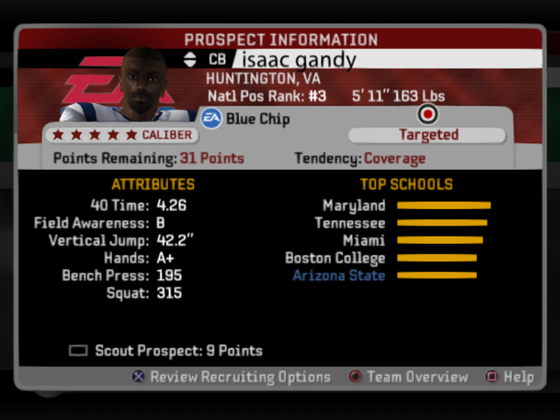 Screenshot from NCAA Football 06 recruiting screen showing a prospect named Isaac Gandy, a 5-star cornerback from Huntington, VA (5'11", 163 lbs), ranked #3 nationally at his position. The player is labeled “Blue Chip” and marked as “Targeted,” with 31 recruiting points remaining and a coverage tendency. Attributes listed include a 4.26 40-yard dash, B field awareness, 42.2" vertical jump, A+ hands, 195 bench press, and 315 squat. Top schools displayed are Maryland, Tennessee, Miami, Boston College, and Arizona State.