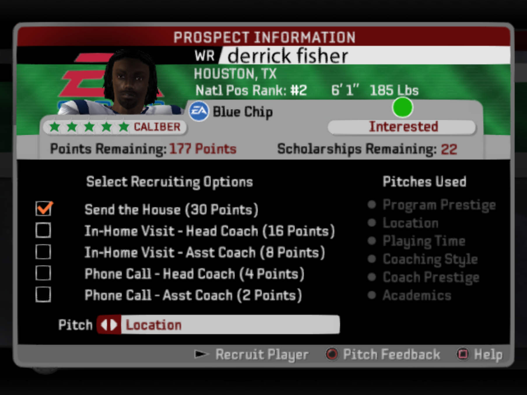 NCAA Football 06 prospect information screen for wide receiver Derrick Fisher from Houston, TX, a 5-star blue chip recruit ranked #2 nationally at his position, showing recruiting options with “Send the House” selected and 177 recruiting points and 22 scholarships remaining.