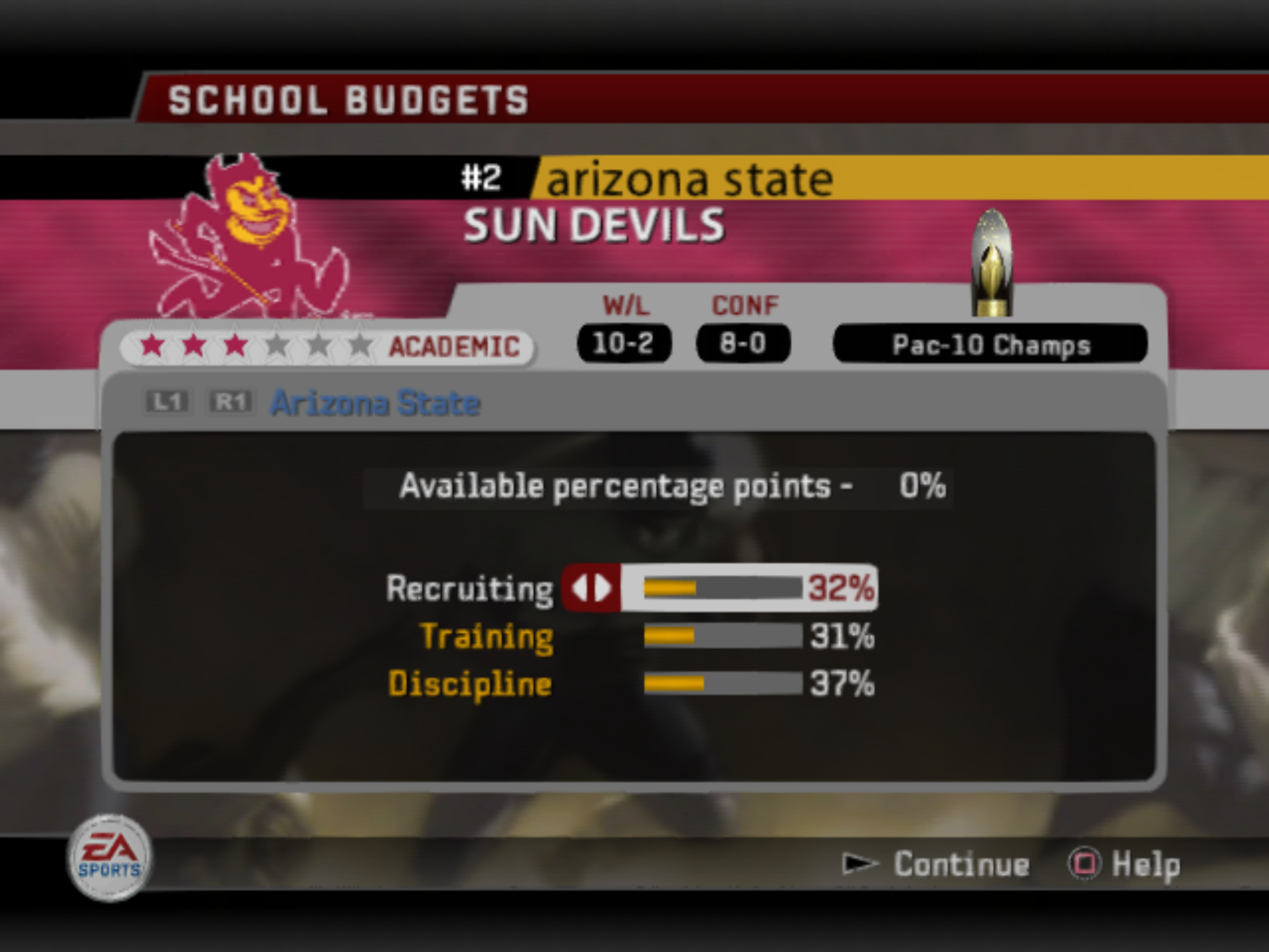 NCAA Football 06 school budgets screen for #2 Arizona State Sun Devils showing a 10–2 record, 8–0 conference record, Pac-10 champions, and budget allocation sliders set to Recruiting 32%, Training 31%, and Discipline 37% with no remaining points.